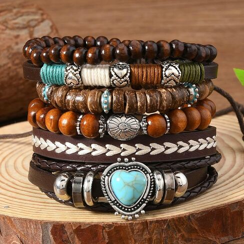 Western Stackable Bracelets for Women Gold Turquoise Wooden Beads Boho Jewelry in Saudi Arabia