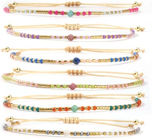 Cute Gold Crystal Beaded Bracelet Stack for Women,6PCS Bohemian Colorful Small Beads Stackable Bracelets Set Trendy Summer Beach Jewelry Accessories Gift Friendship in Saudi Arabia