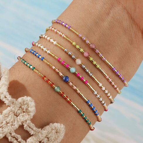 Cute Gold Crystal Beaded Bracelet Stack for Women,6PCS Bohemian Colorful Small Beads Stackable Bracelets Set Trendy Summer Beach Jewelry Accessories Gift Friendship in Saudi Arabia