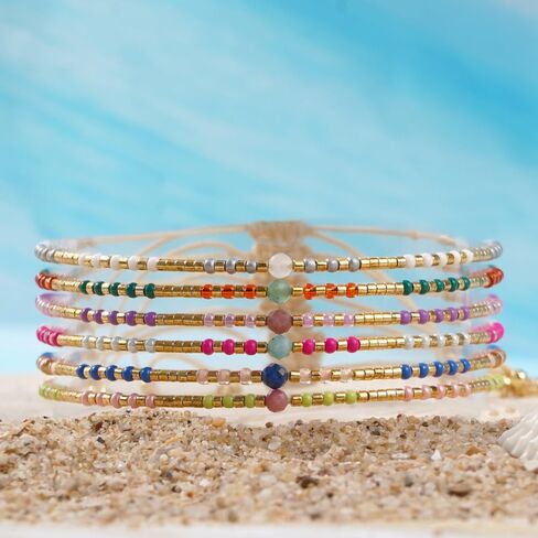 Cute Gold Crystal Beaded Bracelet Stack for Women,6PCS Bohemian Colorful Small Beads Stackable Bracelets Set Trendy Summer Beach Jewelry Accessories Gift Friendship in Saudi Arabia