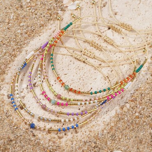 Cute Gold Crystal Beaded Bracelet Stack for Women,6PCS Bohemian Colorful Small Beads Stackable Bracelets Set Trendy Summer Beach Jewelry Accessories Gift Friendship in Saudi Arabia