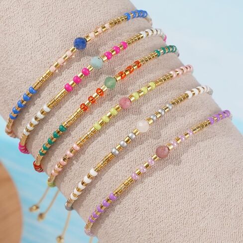 Cute Gold Crystal Beaded Bracelet Stack for Women,6PCS Bohemian Colorful Small Beads Stackable Bracelets Set Trendy Summer Beach Jewelry Accessories Gift Friendship in Saudi Arabia