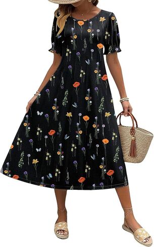 Zeagoo Womens Summer Dress Casual Midi Dresses 2026 Short Puff Sleeve Flare Dress Pleated Flowy Sundress with Pockets in Saudi Arabia
