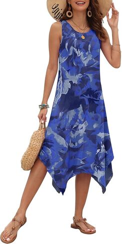AUSELILY Women's Summer Dresses 2026 Casual Sleeveless Sundress Asymmetrical Hem Midi Tank Beach Dress with Pockets in Saudi Arabia