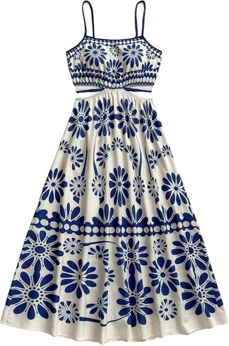 OYOANGLE Women's Floral Midi Cami Dress Cut Out Spaghetti Strap Ruffle A Line Boho Sundress in Saudi Arabia