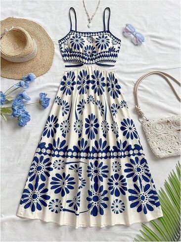 OYOANGLE Women's Floral Midi Cami Dress Cut Out Spaghetti Strap Ruffle A Line Boho Sundress in Saudi Arabia