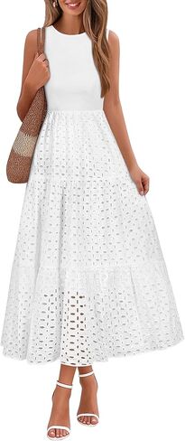 Lazysmile Womens Summer Dresses Crewneck Sleeveless A-Line Hollow Out Eyelet Tiered Tank Maxi Dress Sundress with Pockets in Saudi Arabia