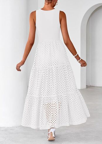 Lazysmile Womens Summer Dresses Crewneck Sleeveless A-Line Hollow Out Eyelet Tiered Tank Maxi Dress Sundress with Pockets in Saudi Arabia