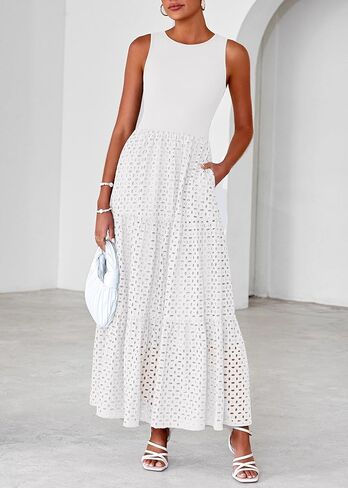 Lazysmile Womens Summer Dresses Crewneck Sleeveless A-Line Hollow Out Eyelet Tiered Tank Maxi Dress Sundress with Pockets in Saudi Arabia