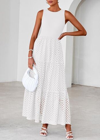 Lazysmile Womens Summer Dresses Crewneck Sleeveless A-Line Hollow Out Eyelet Tiered Tank Maxi Dress Sundress with Pockets in Saudi Arabia