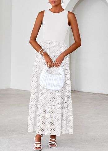 Lazysmile Womens Summer Dresses Crewneck Sleeveless A-Line Hollow Out Eyelet Tiered Tank Maxi Dress Sundress with Pockets in Saudi Arabia