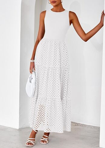 Lazysmile Womens Summer Dresses Crewneck Sleeveless A-Line Hollow Out Eyelet Tiered Tank Maxi Dress Sundress with Pockets in Saudi Arabia
