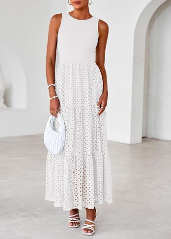 Lazysmile Womens Summer Dresses Crewneck Sleeveless A-Line Hollow Out Eyelet Tiered Tank Maxi Dress Sundress with Pockets in Saudi Arabia