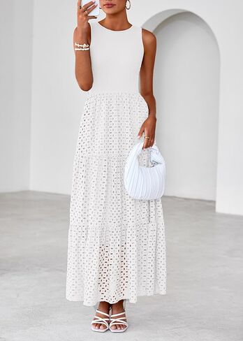 Lazysmile Womens Summer Dresses Crewneck Sleeveless A-Line Hollow Out Eyelet Tiered Tank Maxi Dress Sundress with Pockets in Saudi Arabia