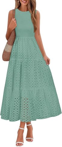 Lazysmile Womens Summer Dresses Crewneck Sleeveless A-Line Hollow Out Eyelet Tiered Tank Maxi Dress Sundress with Pockets in Saudi Arabia