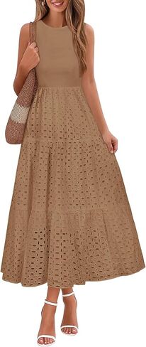 Lazysmile Womens Summer Dresses Crewneck Sleeveless A-Line Hollow Out Eyelet Tiered Tank Maxi Dress Sundress with Pockets in Saudi Arabia