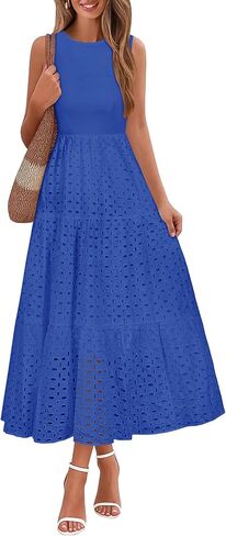 Lazysmile Womens Summer Dresses Crewneck Sleeveless A-Line Hollow Out Eyelet Tiered Tank Maxi Dress Sundress with Pockets in Saudi Arabia