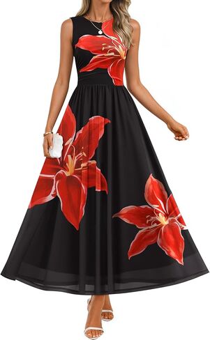 ZESICA Women's Summer Sleeveless Floral Maxi Dress 2026 Casual Crewneck Mesh A Line Flowy Boho Beach Party Long Dresses in Saudi Arabia