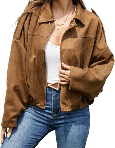 FARORO Women's Faux Suede Bomber Jacket, Oversized Zip Up Cropped Coat, Trendy Streetwear Outerwear for Spring Fall Winter in Saudi Arabia