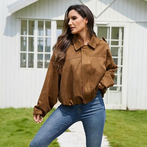 FARORO Women's Faux Suede Bomber Jacket, Oversized Zip Up Cropped Coat, Trendy Streetwear Outerwear for Spring Fall Winter in Saudi Arabia