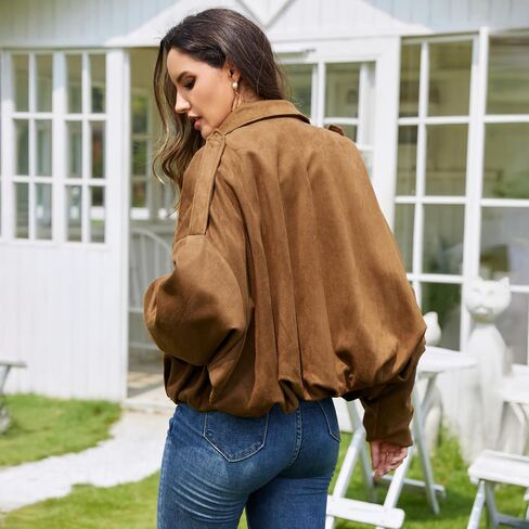 FARORO Women's Faux Suede Bomber Jacket, Oversized Zip Up Cropped Coat, Trendy Streetwear Outerwear for Spring Fall Winter in Saudi Arabia