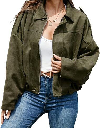 FARORO Women's Faux Suede Bomber Jacket, Oversized Zip Up Cropped Coat, Trendy Streetwear Outerwear for Spring Fall Winter in Saudi Arabia