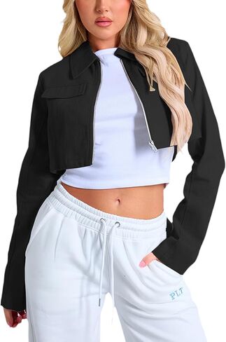 Women's Cropped Jacket Casual Zip Up Long Sleeve Lapel Crop Tops Jackets Coat in Saudi Arabia