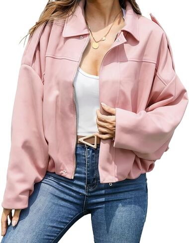 FARORO Women's Faux Suede Bomber Jacket, Oversized Zip Up Cropped Coat, Trendy Streetwear Outerwear for Spring Fall Winter in Saudi Arabia