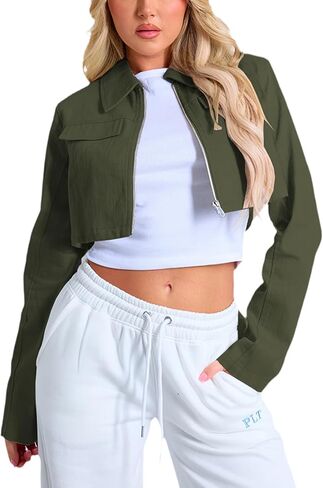 Women's Cropped Jacket Casual Zip Up Long Sleeve Lapel Crop Tops Jackets Coat in Saudi Arabia