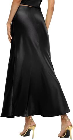 Women's Midi Skirt Satin Maxi High Wasit Skirts Silk Flowy Fall - Black in Saudi Arabia