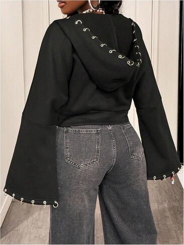 سترة WDIRARA النسائية ذات الأكمام الجرسية القوطي ذات الأكمام ذات القلنسوة ذات الحلقات المعدنية ذات الحلقة الدائرية المقصوصة in Saudi Arabia