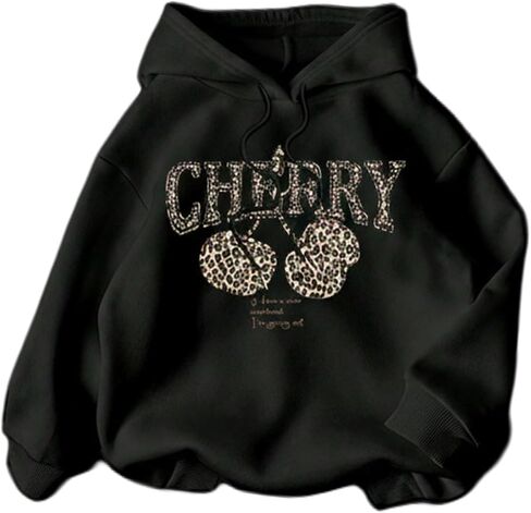 SHENHE Women's Cherry Oversized Hoodie Pullover Leopard Print Drawstring Hooded Sweatshirts in Saudi Arabia