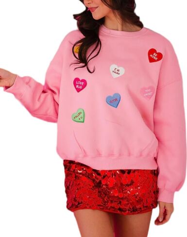 Holiday Pink Heart Love Shirts for Women Girls Cute Bow Letter Sweater Tops Long Sleeve Sequin Graphic Sweatshirts in Saudi Arabia