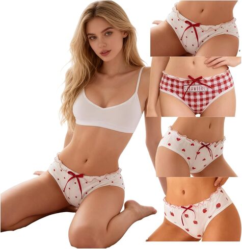 Womens Underwear for Women 4 Packs Panties Cute Cotton Kawaii Ruffled Heart-Print Strawberry Polka Dots Plaid in Saudi Arabia