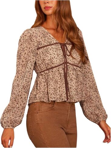 SOLY HUX Women's Floral Peplum Tops Tie Front V Neck Lantern Long Sleeve Ruffle Vacation Blouse in Saudi Arabia