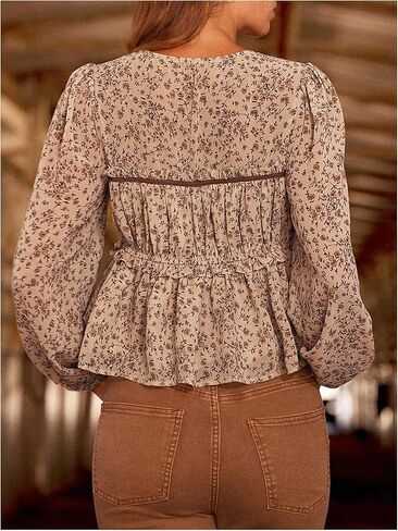 SOLY HUX Women's Floral Peplum Tops Tie Front V Neck Lantern Long Sleeve Ruffle Vacation Blouse in Saudi Arabia