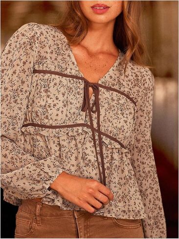 SOLY HUX Women's Floral Peplum Tops Tie Front V Neck Lantern Long Sleeve Ruffle Vacation Blouse in Saudi Arabia