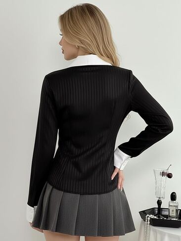 Women's Striped Button Down Shirt Fall Collared Long Sleeve Fitted Blouses Work Office Tops in Saudi Arabia