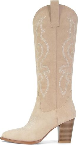 STALOV أحذية رعاة البقر للنساء من جلد الغزال المطرزة بكعب مكتنزة الركبة عالية أشار تو سحب على الموضة الغربية راعية البقر التمهيد in Kuwait