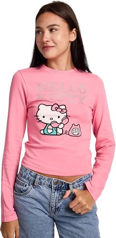 Hello Kitty Talking On Phone Glitter Print Women's Pink Long Sleeve Baby Tee in Saudi Arabia