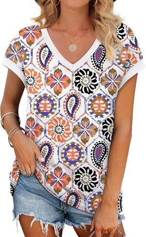 WIHOLL Womens Summer Tops 2026 Cap Short Sleeve Shirs V Neck T Shirts Fashion Beach Vacation Clothes Color Block in Kuwait