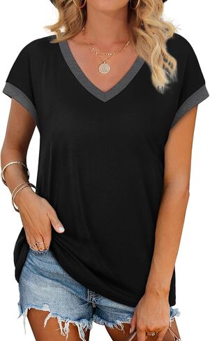 WIHOLL Womens Summer Tops 2026 Cap Short Sleeve Shirs V Neck T Shirts Fashion Beach Vacation Clothes Color Block in Kuwait