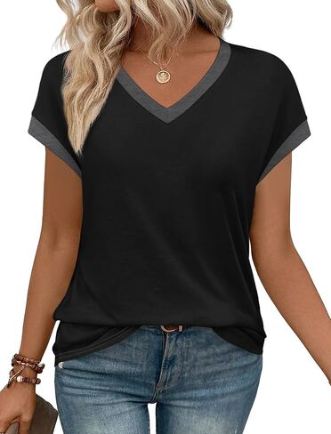 WIHOLL Womens Summer Tops 2026 Cap Short Sleeve Shirs V Neck T Shirts Fashion Beach Vacation Clothes Color Block in Kuwait
