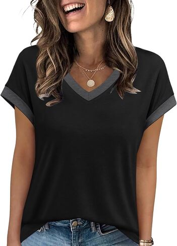 WIHOLL Womens Summer Tops 2026 Cap Short Sleeve Shirs V Neck T Shirts Fashion Beach Vacation Clothes Color Block in Kuwait