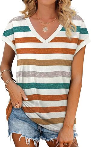 WIHOLL Womens Summer Tops 2026 Cap Short Sleeve Shirs V Neck T Shirts Fashion Beach Vacation Clothes Color Block in Kuwait