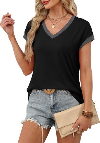 WIHOLL Womens Summer Tops 2026 Cap Short Sleeve Shirs V Neck T Shirts Fashion Beach Vacation Clothes Color Block in Kuwait