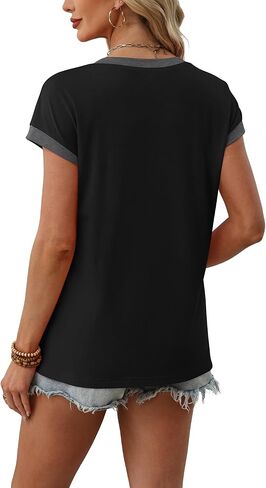 WIHOLL Womens Summer Tops 2026 Cap Short Sleeve Shirs V Neck T Shirts Fashion Beach Vacation Clothes Color Block in Kuwait