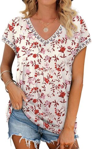 WIHOLL Womens Summer Tops 2026 Cap Short Sleeve Shirs V Neck T Shirts Fashion Beach Vacation Clothes Color Block in Kuwait