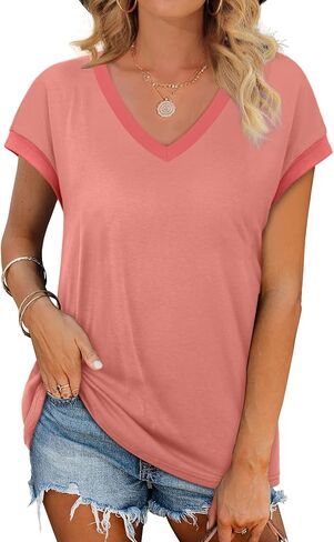 WIHOLL Womens Summer Tops 2026 Cap Short Sleeve Shirs V Neck T Shirts Fashion Beach Vacation Clothes Color Block in Kuwait