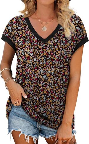 WIHOLL Womens Summer Tops 2026 Cap Short Sleeve Shirs V Neck T Shirts Fashion Beach Vacation Clothes Color Block in Kuwait